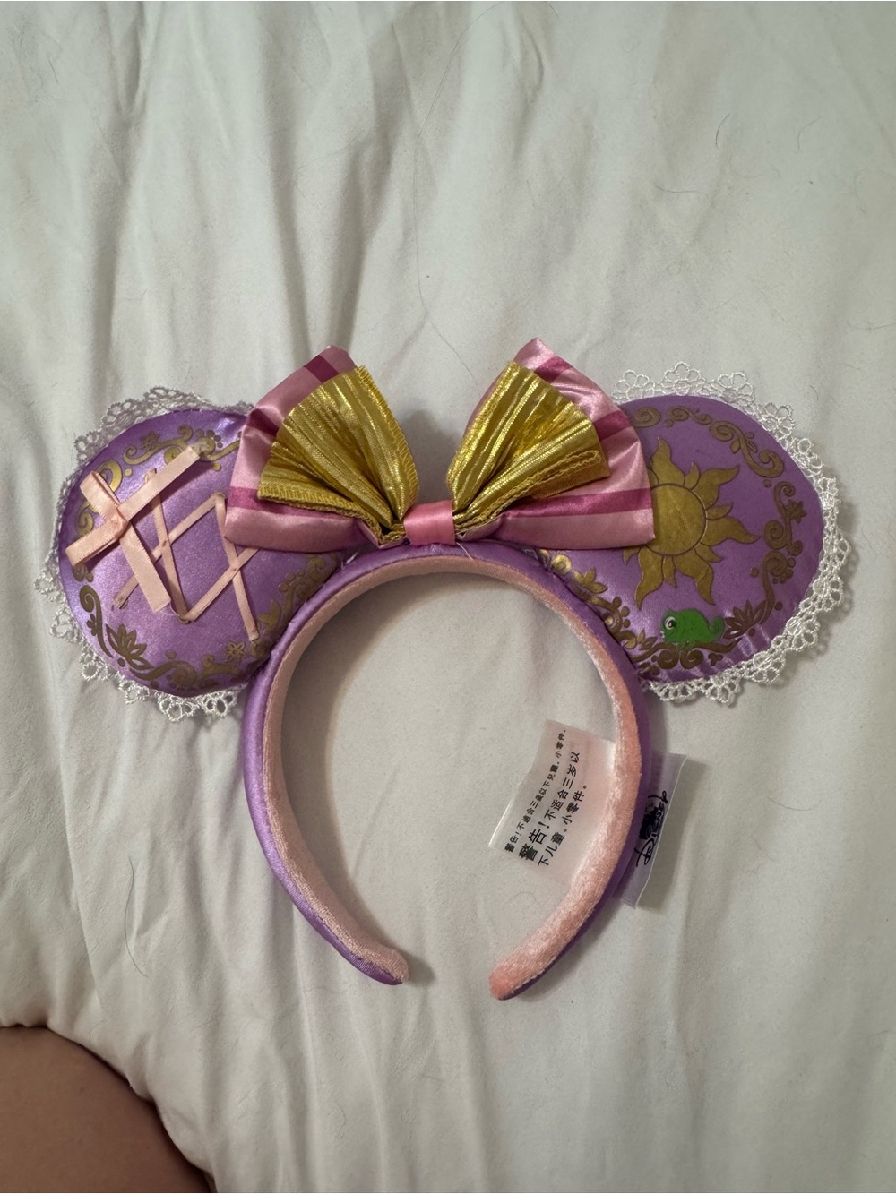 Girls Purple and Pink Lace Ear Headband with Gold Bow Accent